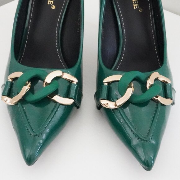 Green Patent Leather Stilettos w/ Gold Chain Detail | Size 9 - Picture 3 of 6